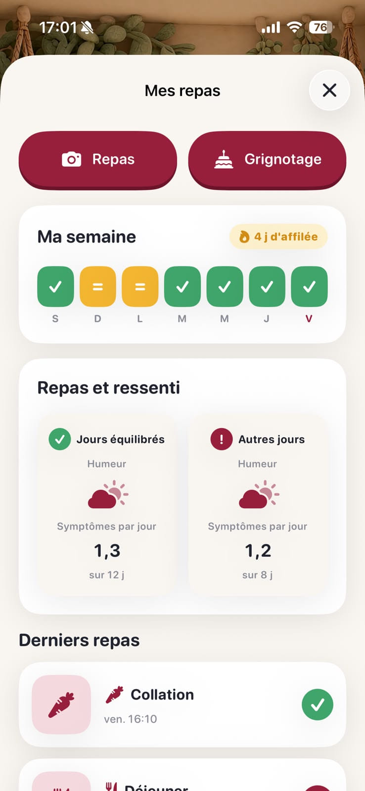 Écran Mes repas de l'app Smopy